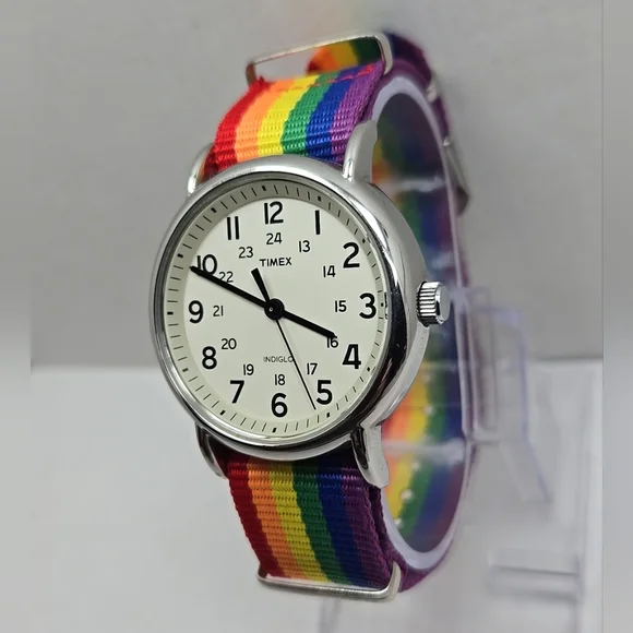 Timex Watch Unisex 38mm Weekender Rainbow Band Silver Tone New Battery - Picture 2 of 10